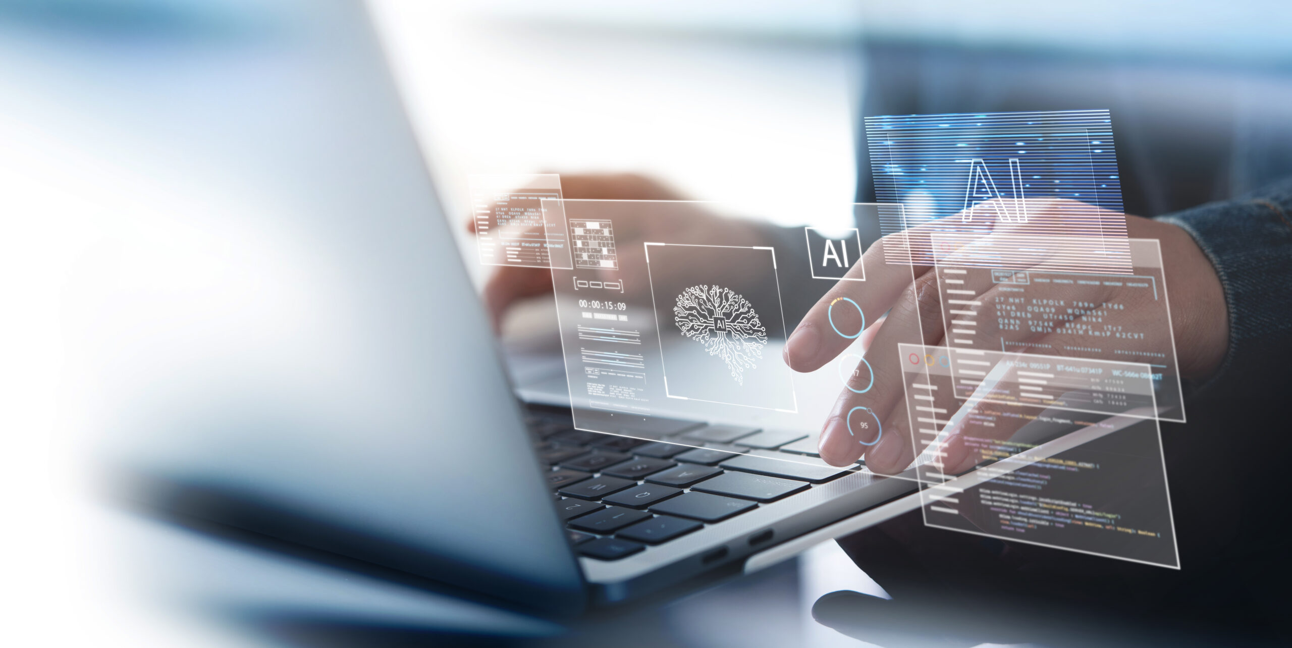 AI Artificial Intelligence. Business man using AI technology for data analysis, coding computer language with digital brain, machine learning on virtual screen, business intelligence AI