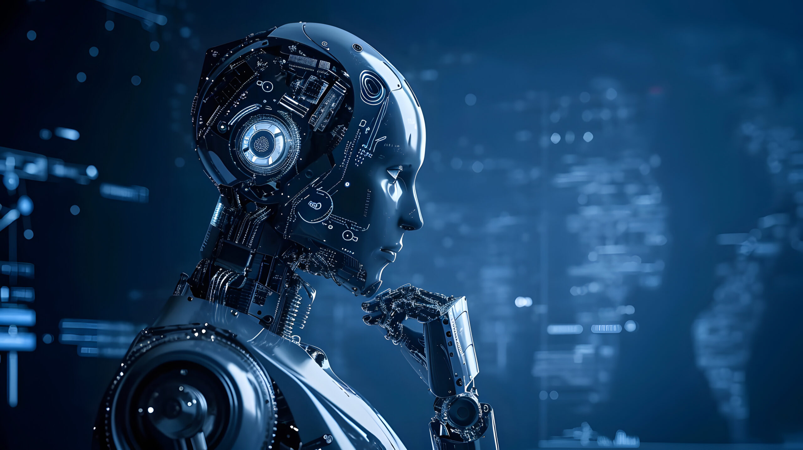 Thinking robot with artificial intelligence. AI thinking