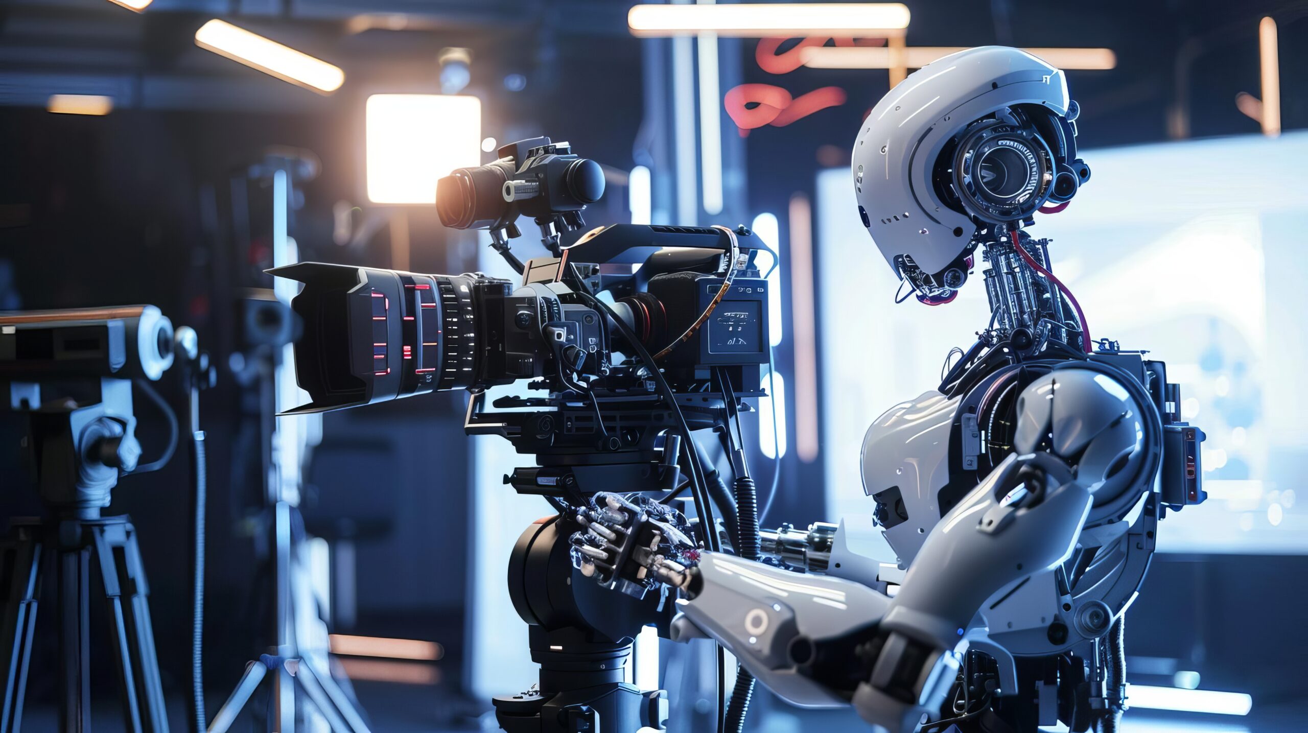 Advanced Humanoid Robot Filmmaker Operating Camera in High-Tech Studio, Futuristic AI Concept Digital Illustration AI behind camera