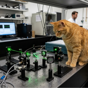 Cat watching lasers in a lab