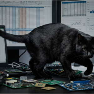 Black cat walking between electronics and computer screens