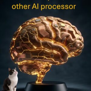 cat looking at electronic brain sculpture