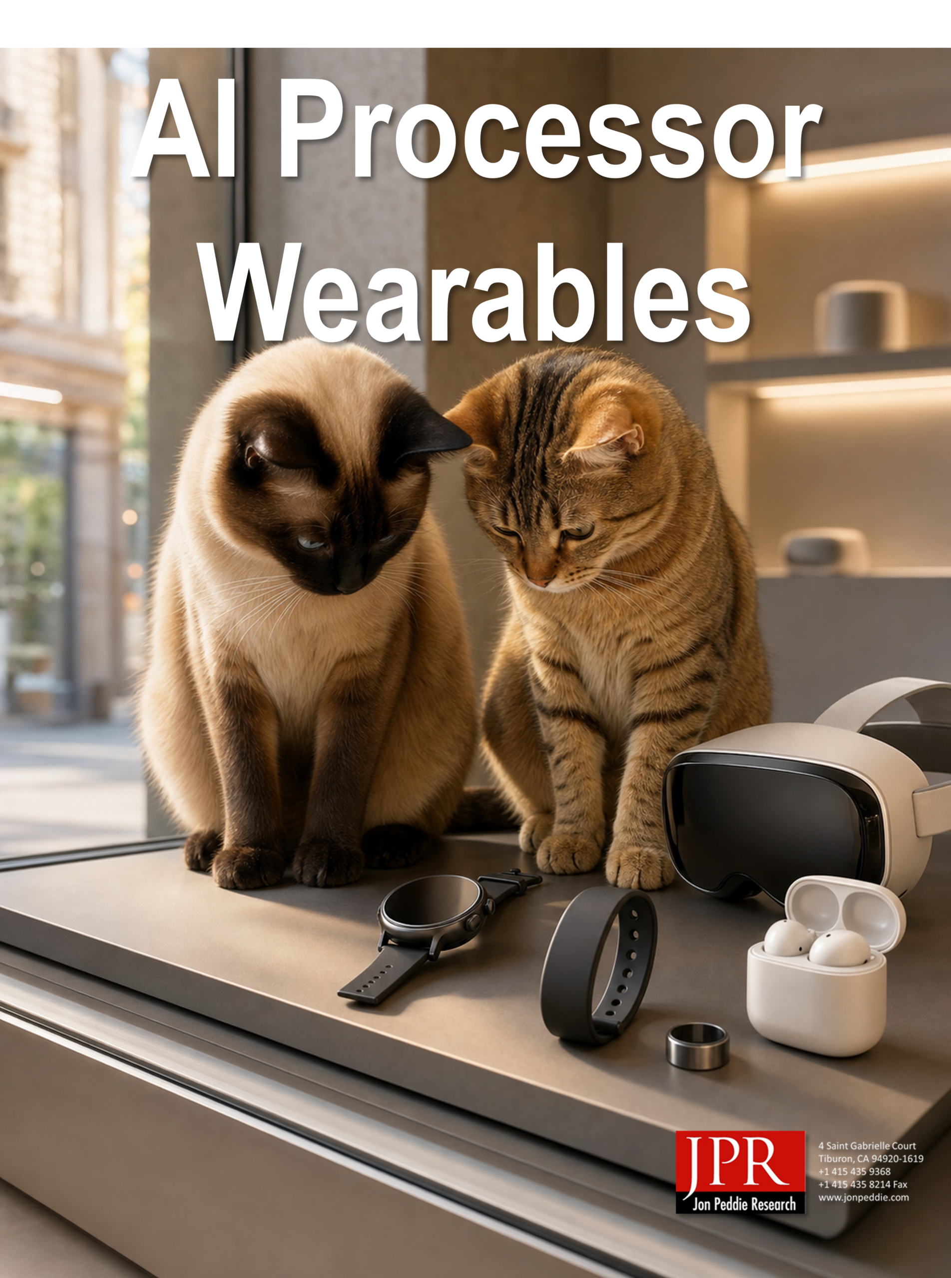 Two cats on a desklooking at wearables