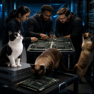 People and cats working on circuits in a server room