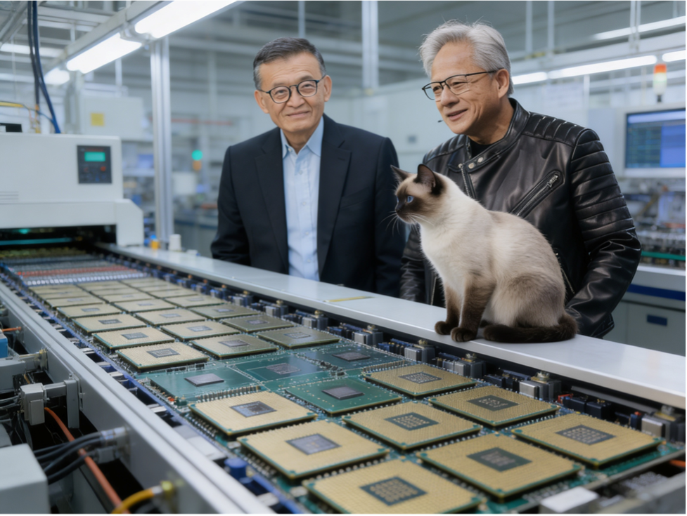 Lip-Bu Tan and Jensen Huang survey a run of processor processor run with a cat