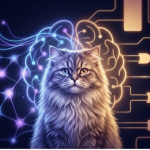 Cat in front of computer generated image of brain