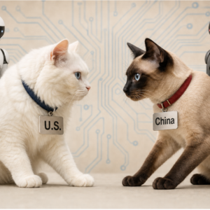 two cats with robots in the background