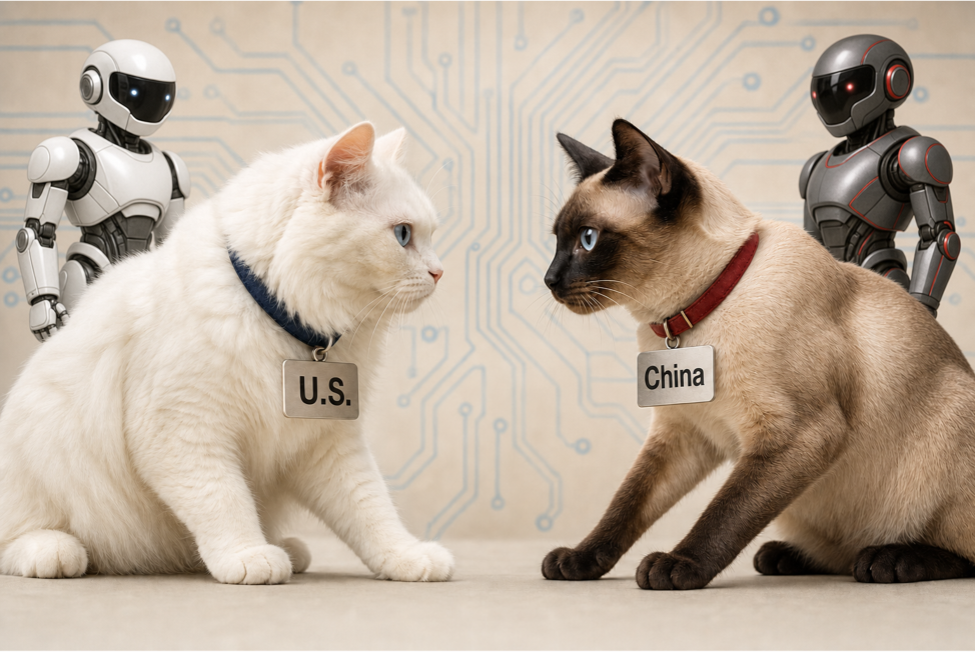 two cats with robots in the background